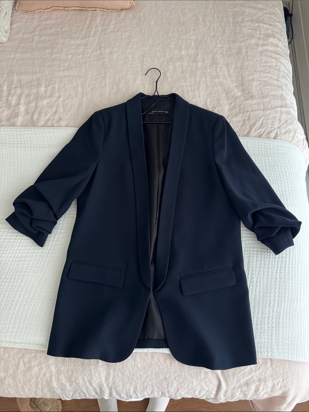 Zara Dark Navy Blazer with Ruched Sleeves
